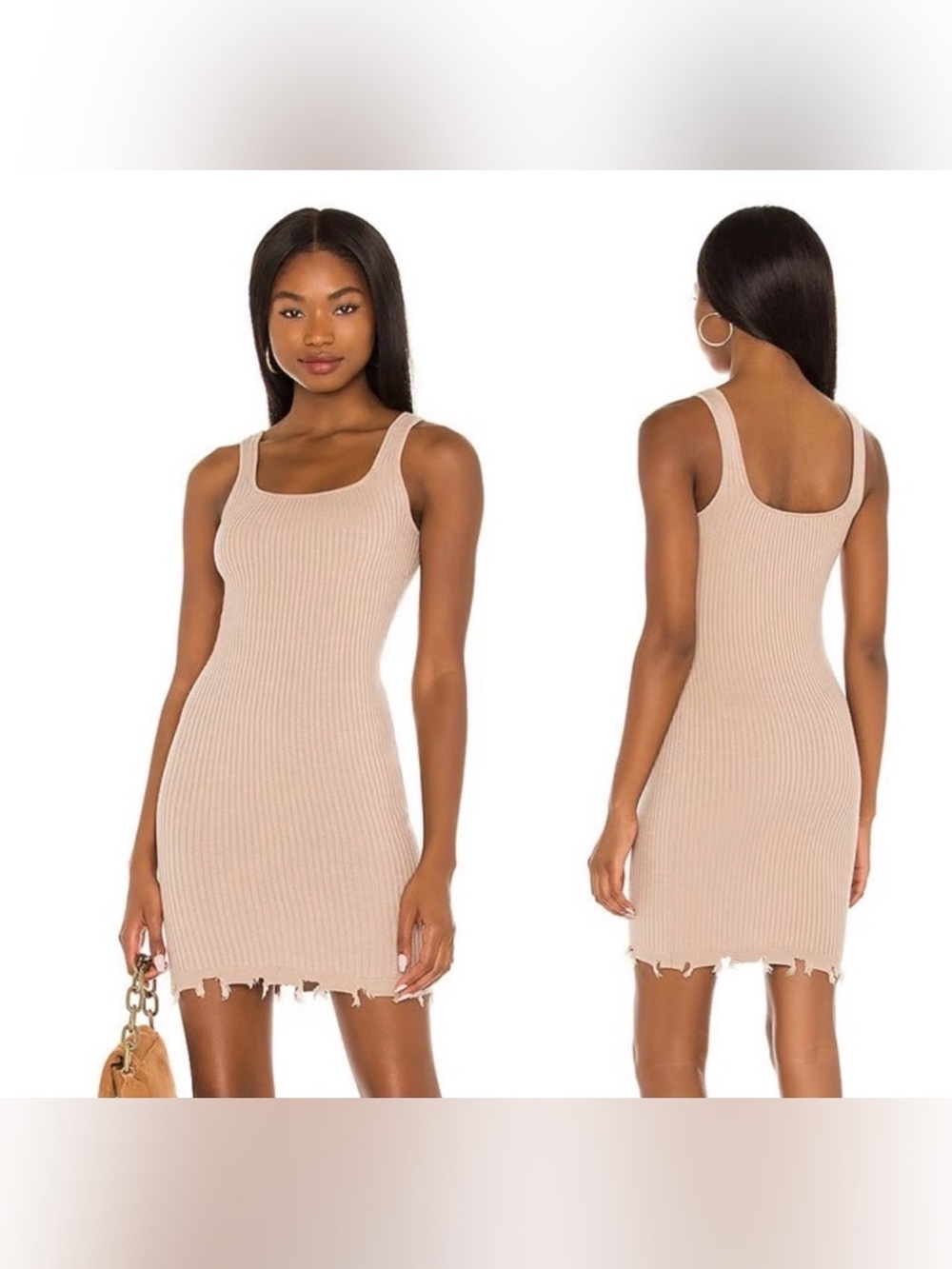 NBD Ribbed Knit distressed mini dress in tan - XS